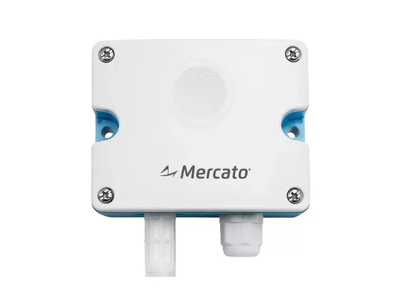 Transmissor de monóxido de carbono Mercato M-LFG101 em vista frontal, com membrana de entrada de ar e prensa-cabo