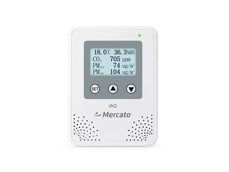 Monitor de qualidade do ar interno M-LFG60-0001 Mercato, vista frontal com display e teclas