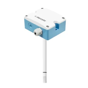 Transmissor de umidade e temperatura de duto M-LFH102 Mercato em perspectiva, com gabinete azul e branco, prensa-cabo e haste com filtro na ponta