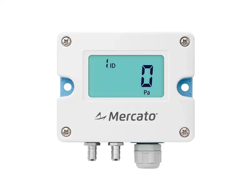 Transmissor de pressão diferencial de ar M-LFM52-60A Mercato, vista frontal com display LCD