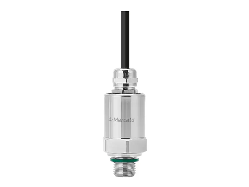 Transmissor de pressão Mercato M-LFT2000 em aço inoxidável, vista frontal com rosca G1/4 e saída de cabo